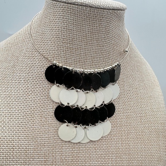 Vintage 90s Modern Black White Enamel Disc Bib Choker Metal Torque Women Jewelry - Picture 6 of 8